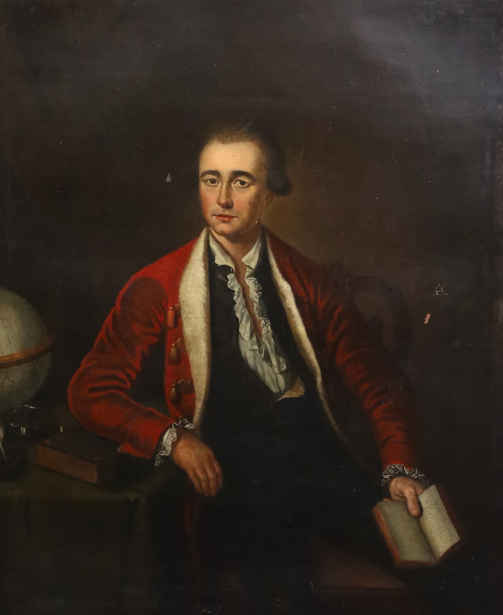 English School c.1770 , Three quarter length portraits of Mr and Mrs Peel, he seated at a table with a globe, she in a landscape holding citern, pair of oils on canvas, 125 x 100cm